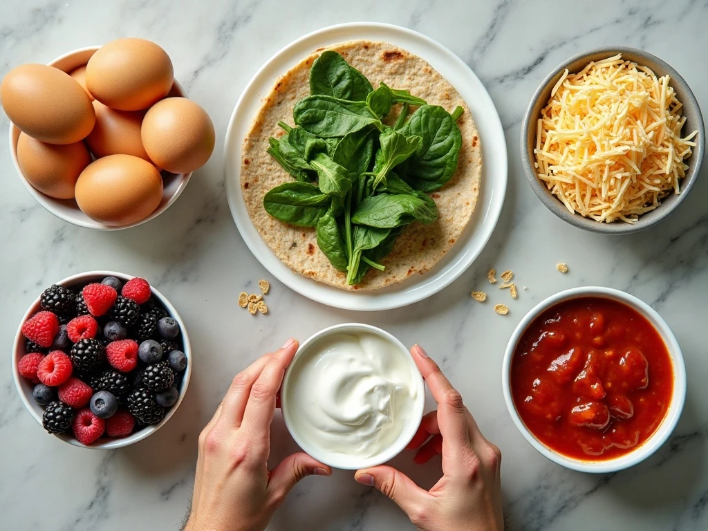Ingredients for egg muffins, overnight oats, and breakfast burritos