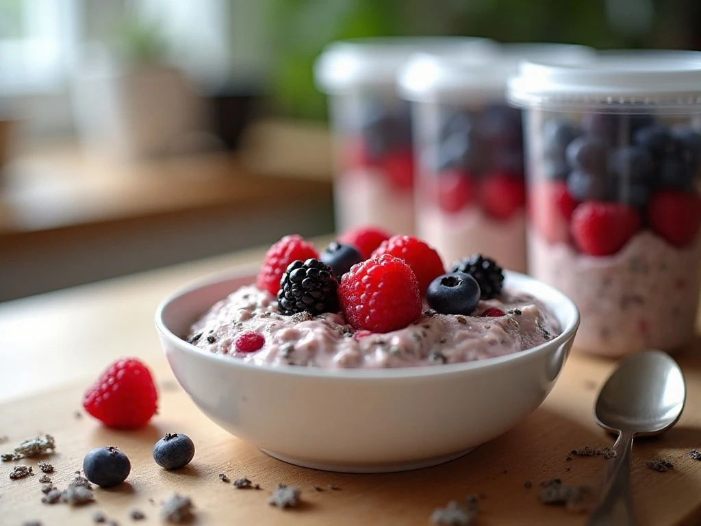 Berry overnight oats portioned for meal prep