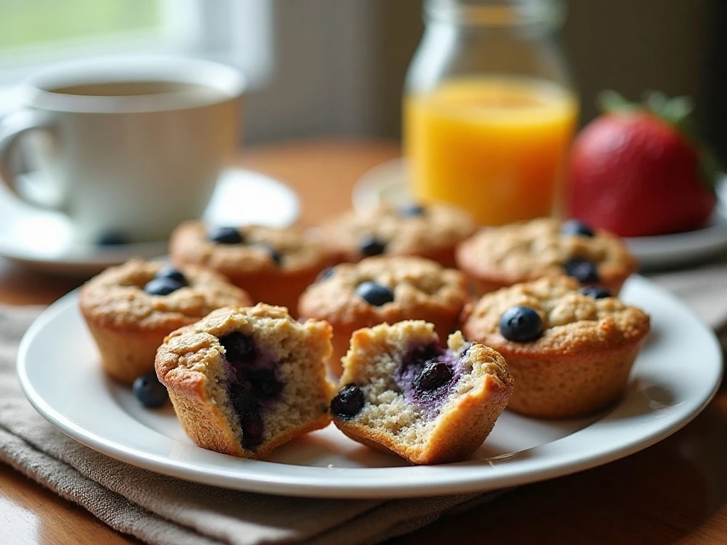 Platter of homemade baked oatmeal cups with blueberries