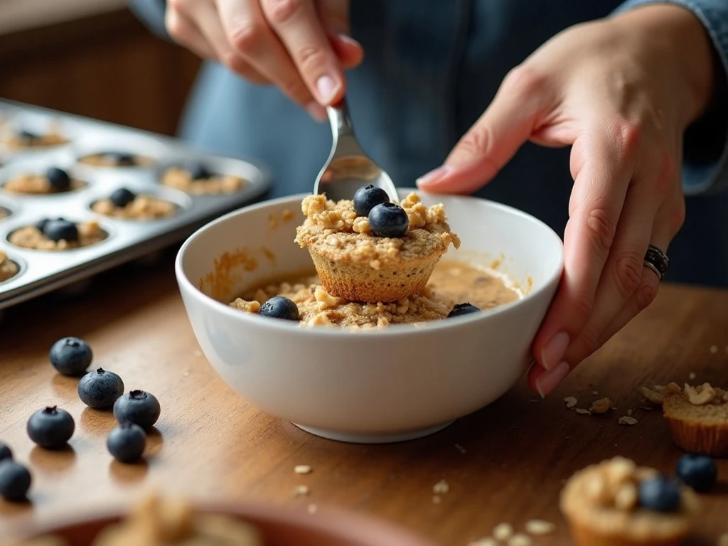 Preparing baked oatmeal cup batter before baking
