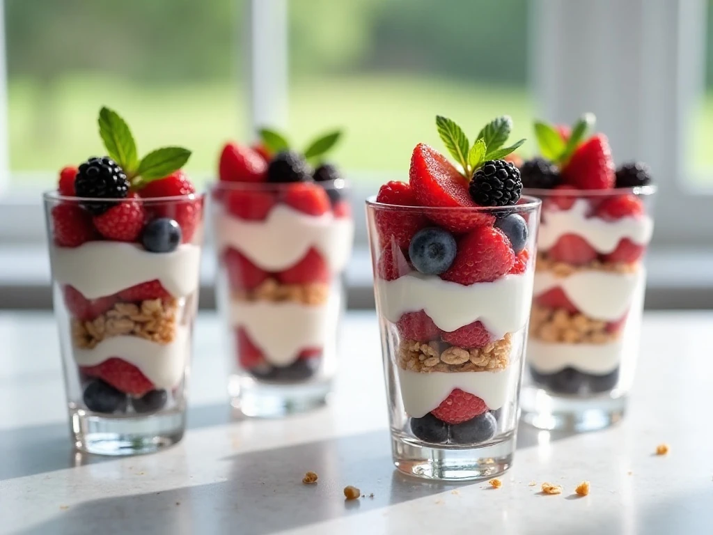 Four colorful Greek yogurt breakfast parfaits with berries and granola