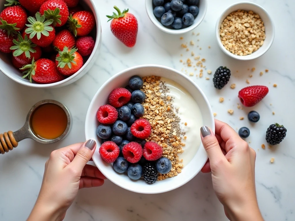 Ingredients for homemade breakfast parfaits with yogurt berries and granola