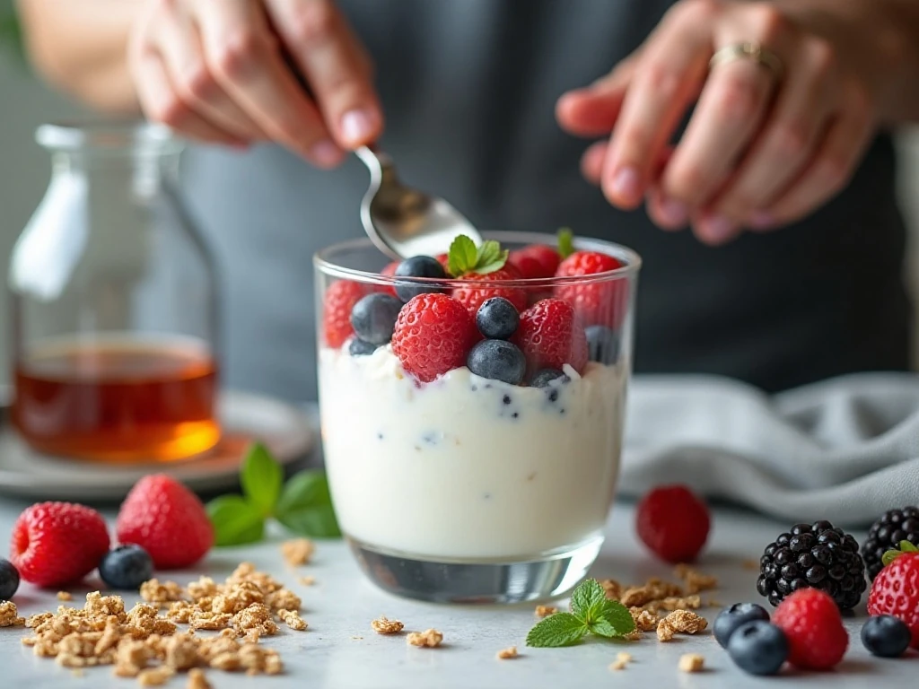 Layering yogurt berries and granola to make a breakfast parfait
