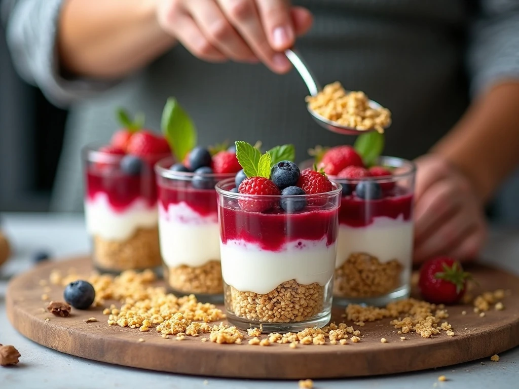 Neat colorful layers in homemade yogurt breakfast parfaits