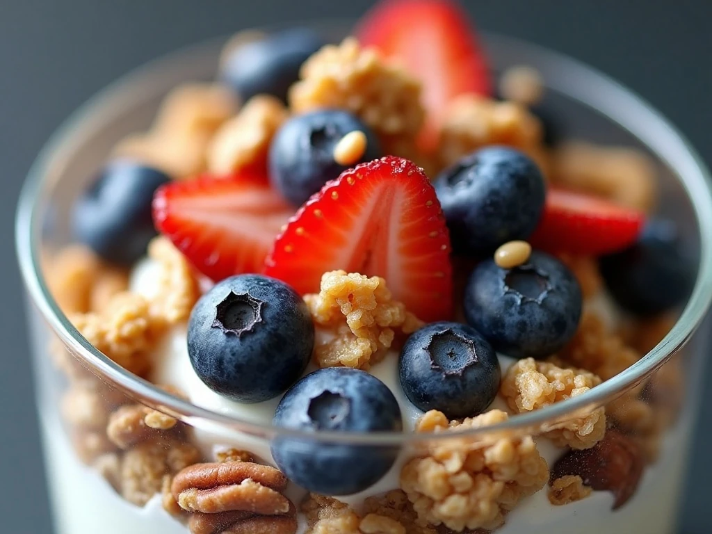 Crisp granola and fresh berry toppings on a creamy parfait