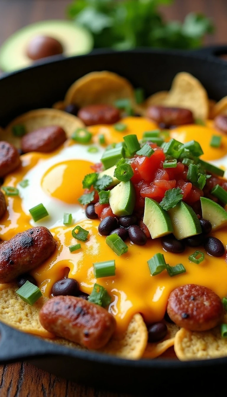 Easy Breakfast Skillet Nachos Recipe with Sausage, Eggs, and Cheese
