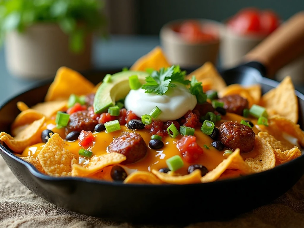 Breakfast skillet nachos with sausage eggs beans cheese and fresh toppings