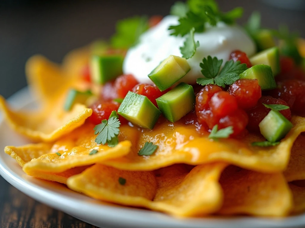 Close-up of garnished breakfast skillet nachos