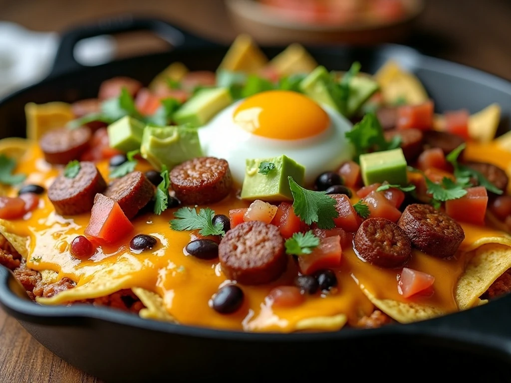 Finished easy breakfast skillet nachos ready to serve