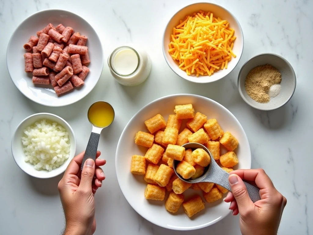 Ingredients for easy breakfast tater tot casserole arranged on a counter
