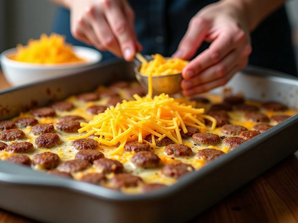 Layering cooked sausage and cheese in a breakfast tater tot casserole dish