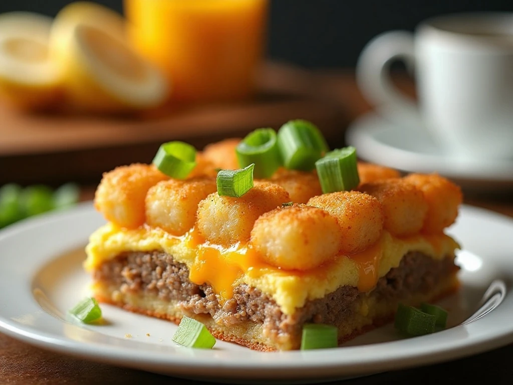 A serving of breakfast tater tot casserole with golden tots and brunch sides