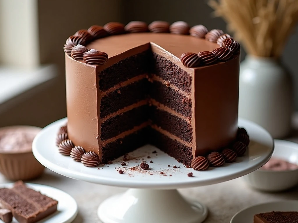 Tall Brick Street-style chocolate layer cake with visible buttercream layers