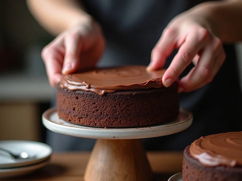 Assembling thin chocolate cake layers with buttercream