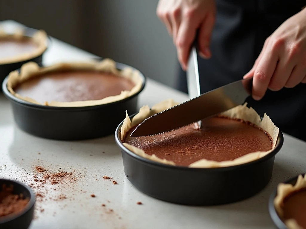 Slicing a chocolate cake into thin horizontal layers