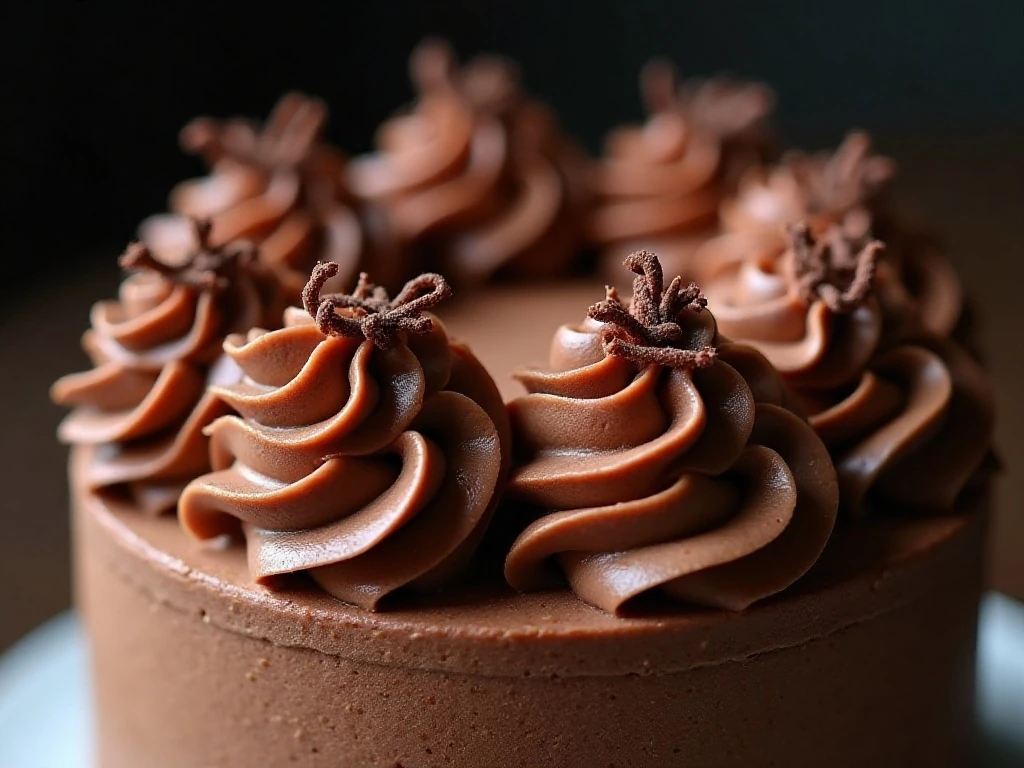 Chocolate curls and buttercream finish on a tall chocolate cake