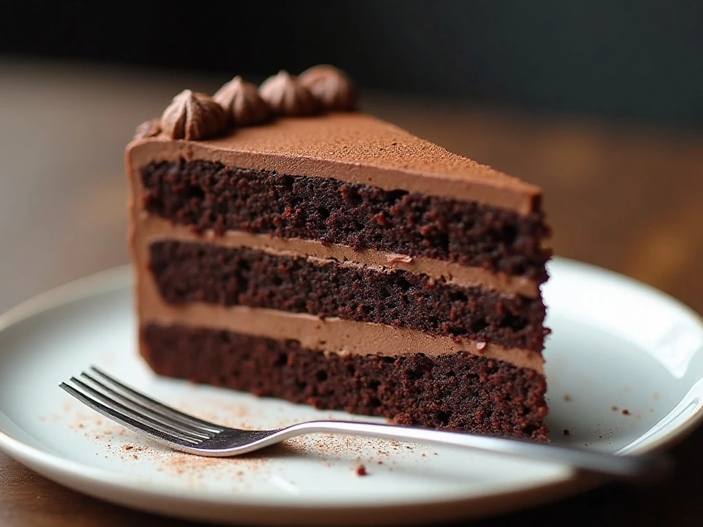 Clean slice showing the moist layers of Brick Street chocolate cake