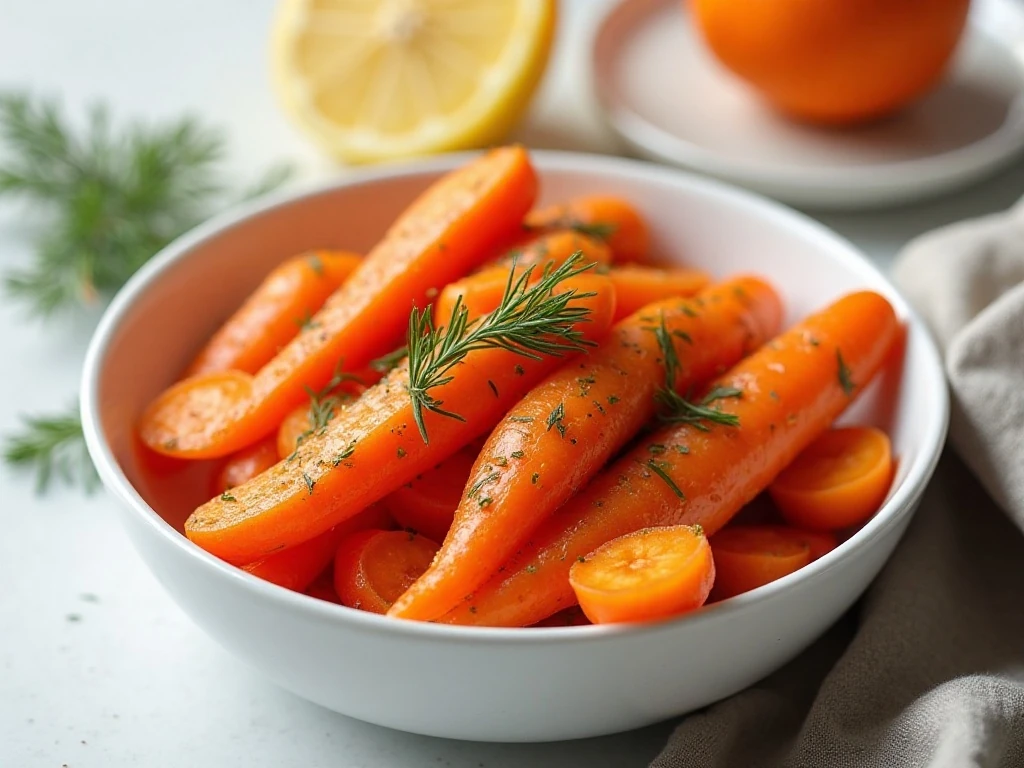 Bright buttered dilled carrots finished with fresh dill