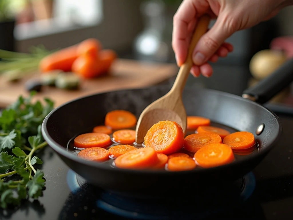 Carrots steaming in a skillet before adding butter and dill