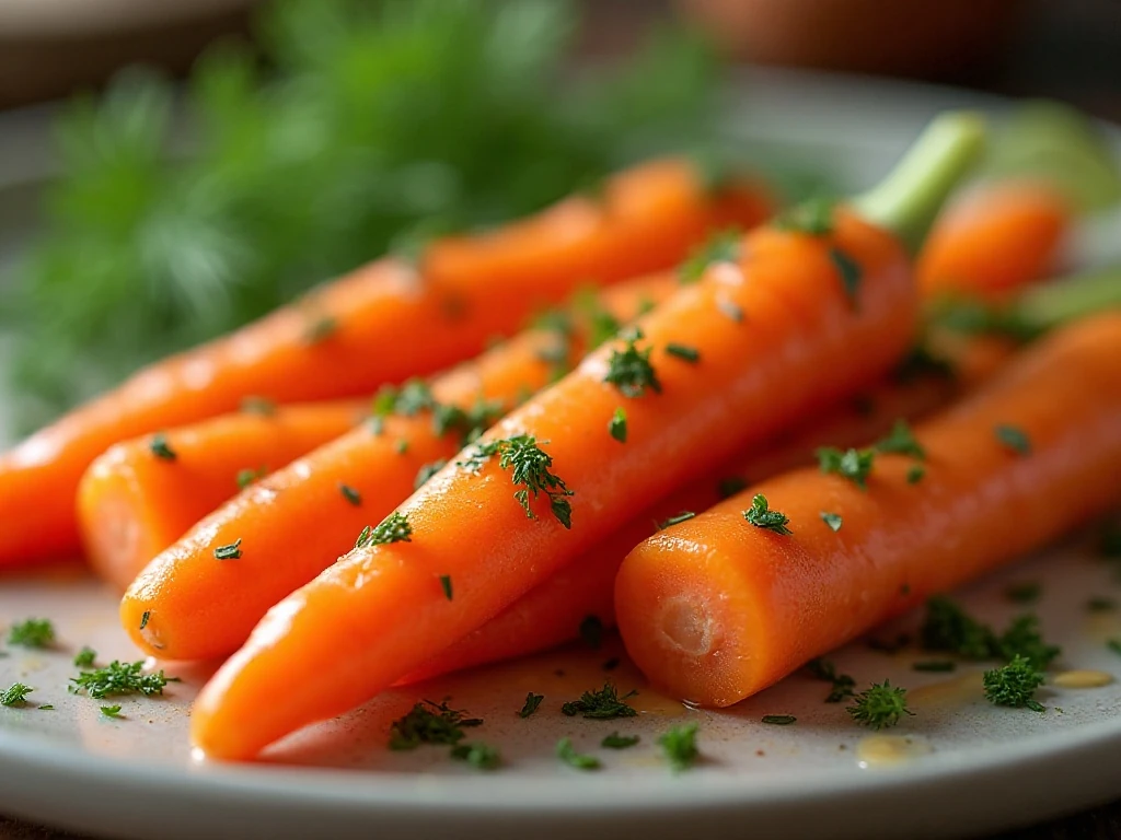 Close-up of tender carrots with fresh dill garnish