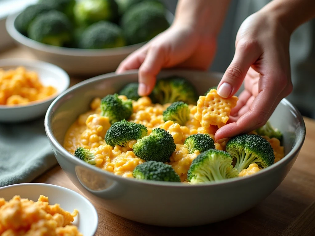 Mixing broccoli with creamy casserole sauce before baking