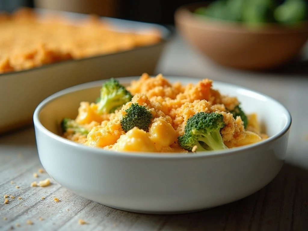 Serving of creamy broccoli cheese casserole with a golden cracker topping