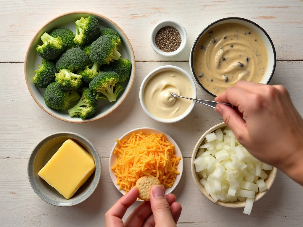 Ingredients for easy broccoli cheese casserole arranged for cooking