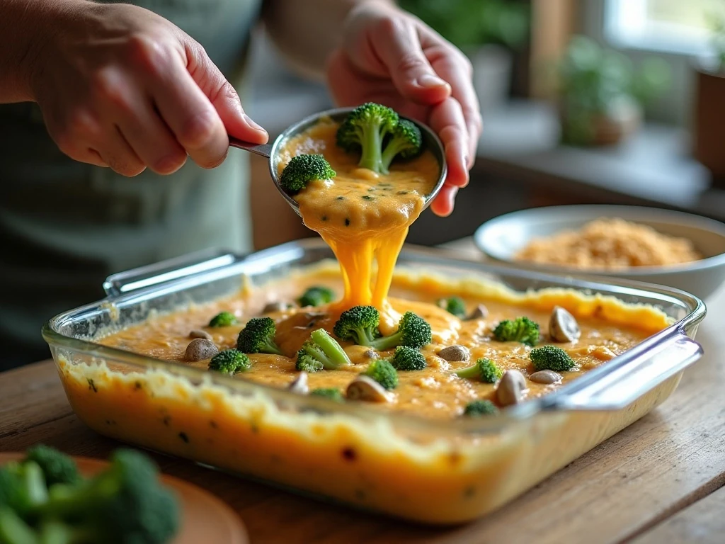 Mixing broccoli with the creamy cheese casserole filling