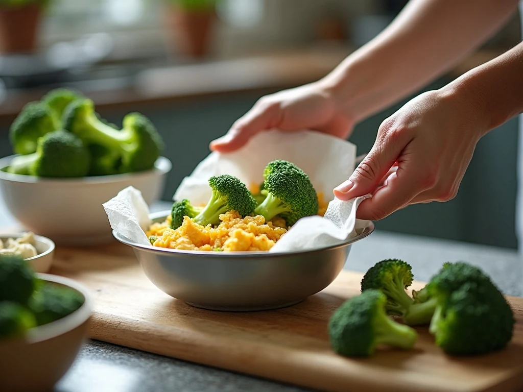 Draining and drying broccoli to prevent watery casserole