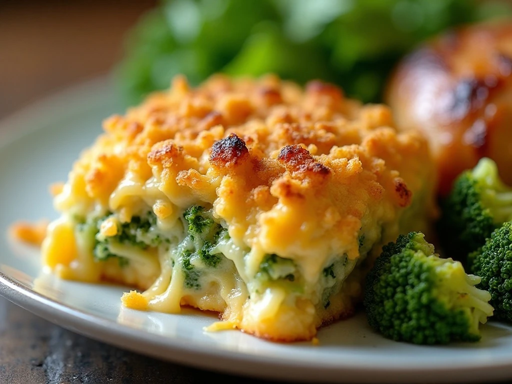 Broccoli cheese casserole served as a comforting dinner side dish