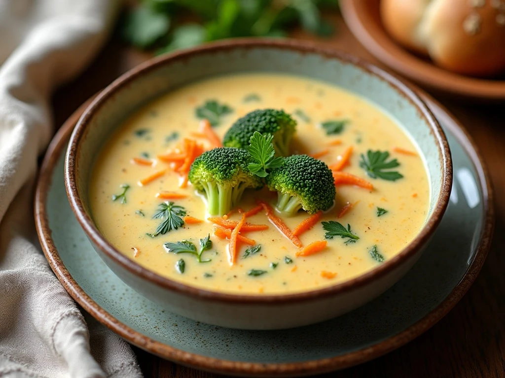Creamy broccoli cheese soup with tender broccoli and carrots in a bowl