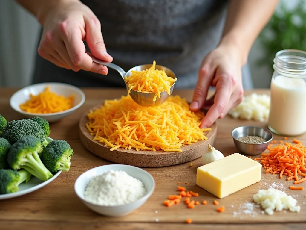 Ingredients for creamy broccoli cheese soup arranged on a kitchen counter