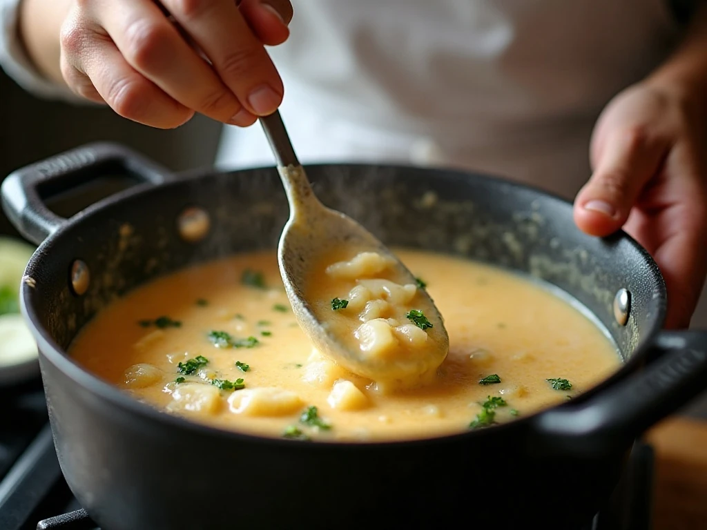 Whisking the roux and broth for homemade broccoli cheese soup