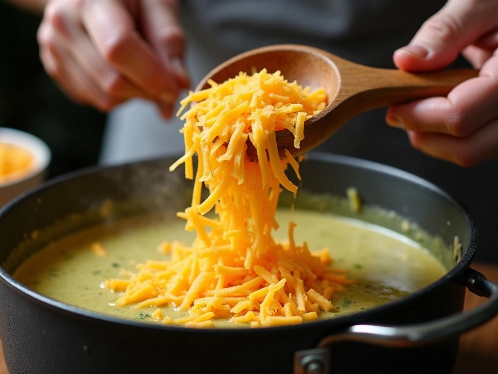 Freshly shredded cheddar melting into creamy broccoli soup