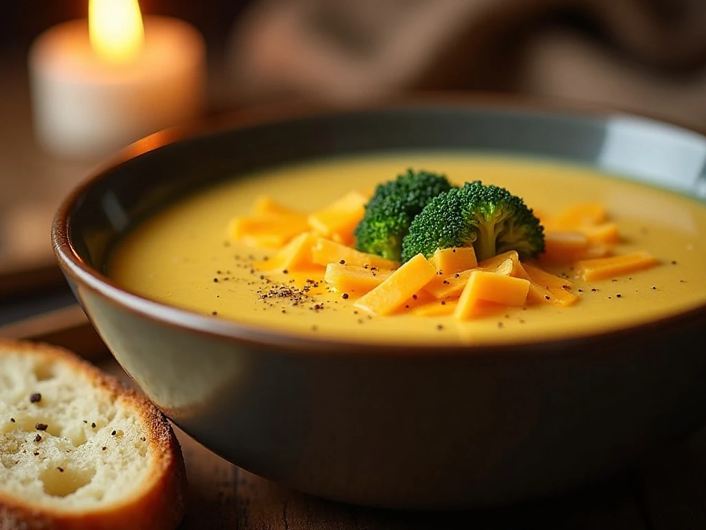 Garnished broccoli cheese soup served with crusty bread