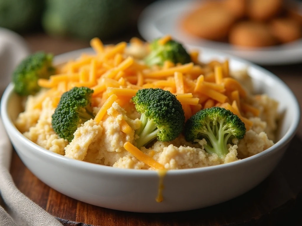 Creamy broccoli chicken casserole served for a family dinner