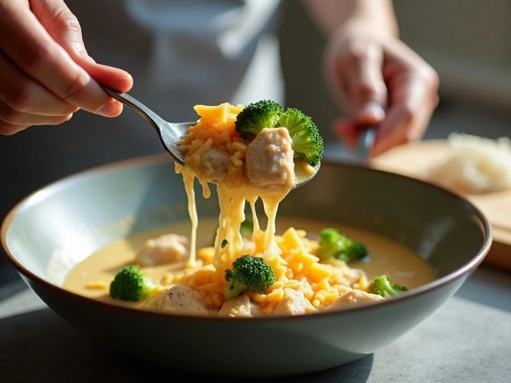 Mixing chicken and broccoli with creamy casserole sauce