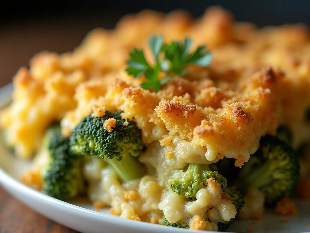 Golden breadcrumb topping on broccoli chicken casserole