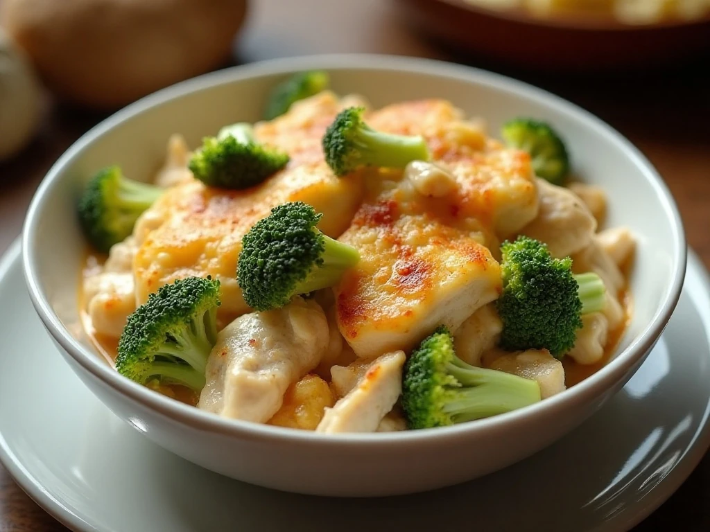 A serving of creamy broccoli chicken casserole with golden mozzarella