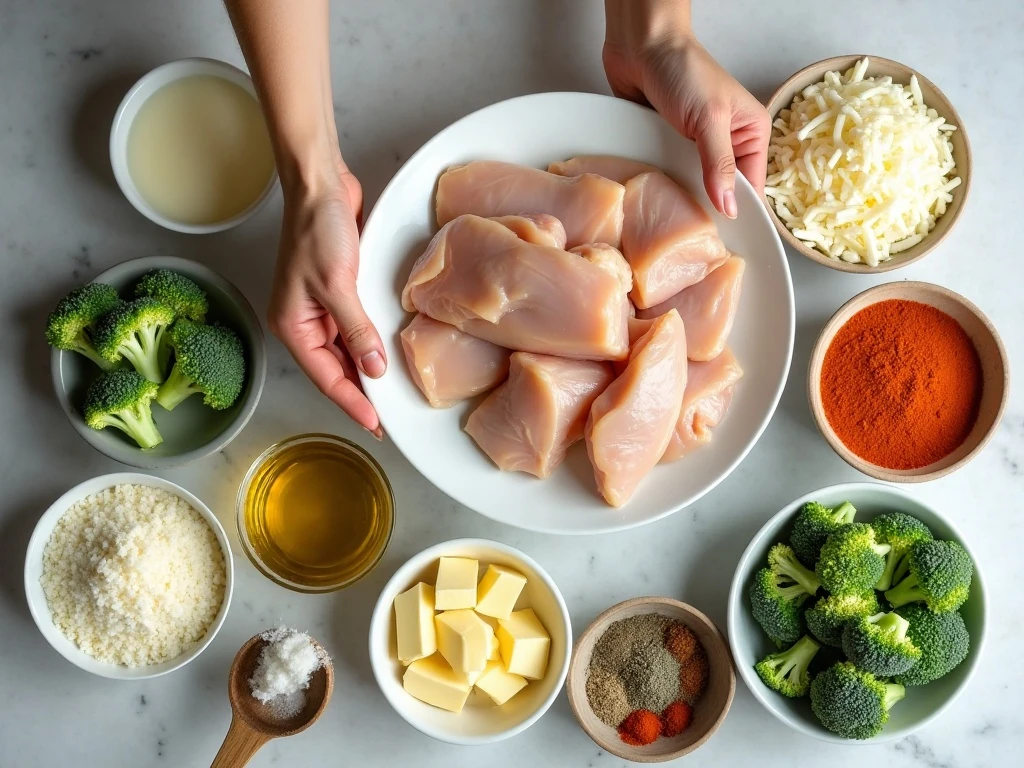 Ingredients for creamy broccoli chicken casserole with mozzarella
