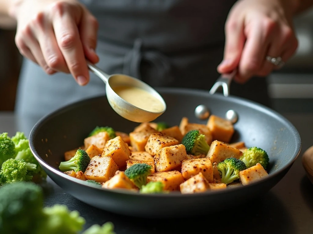 Preparing chicken, broccoli, and cream sauce for the casserole