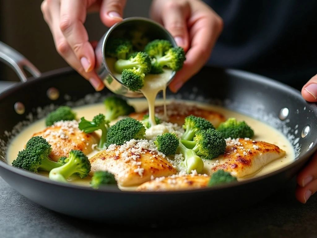 Combining dry broccoli and chicken with creamy cheese sauce