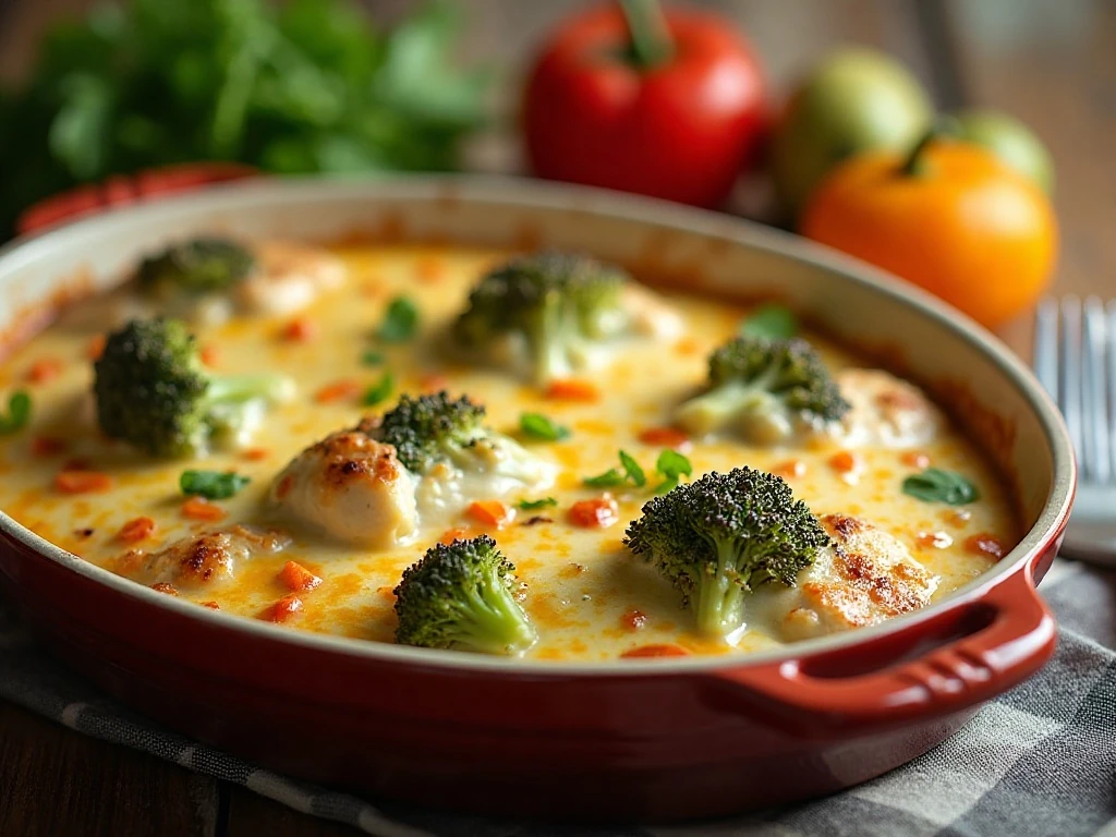 Creamy broccoli chicken casserole served with salad and vegetables