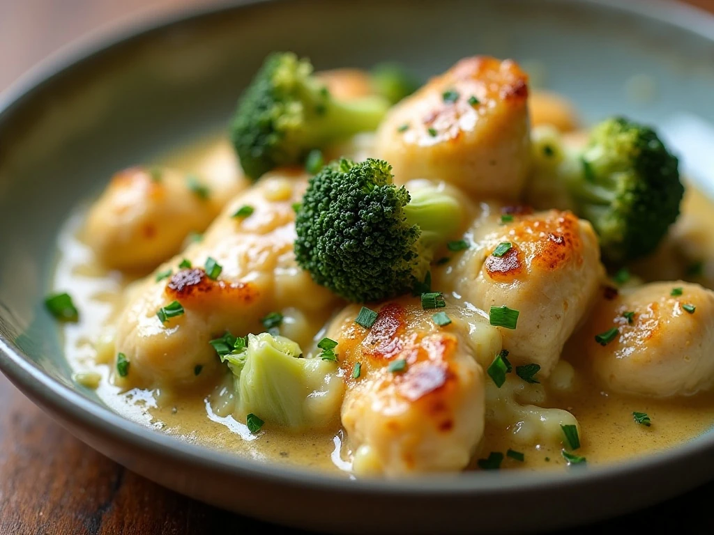 Close-up of a reheated serving of broccoli chicken casserole
