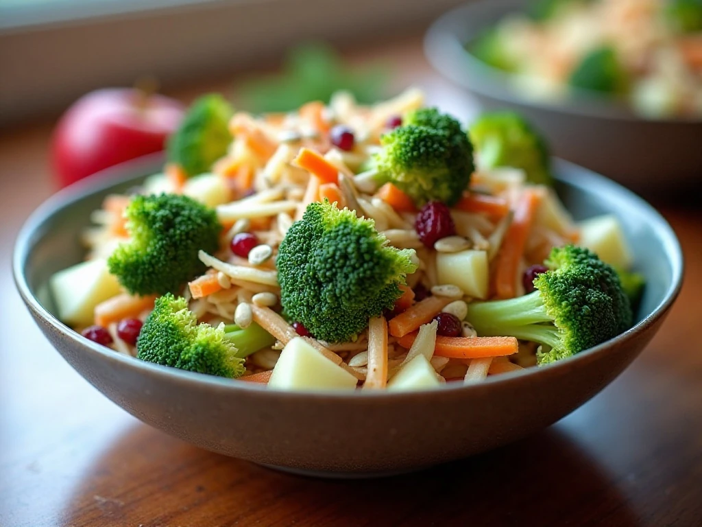 Colorful creamy broccoli Honeycrisp slaw served in a bowl