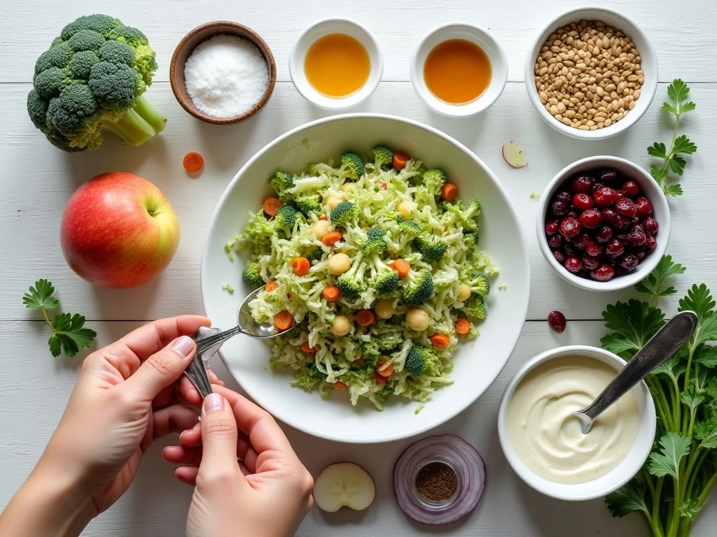 Ingredients for broccoli Honeycrisp slaw arranged for cooking