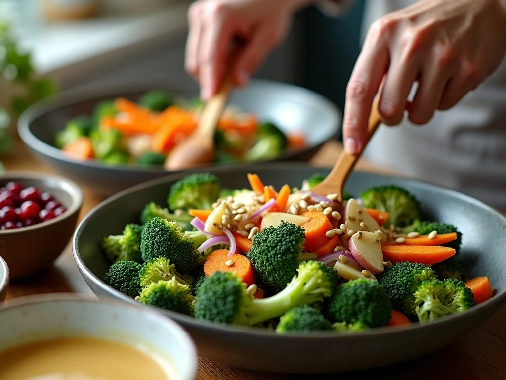 Preparing chopped broccoli and ingredients for creamy slaw