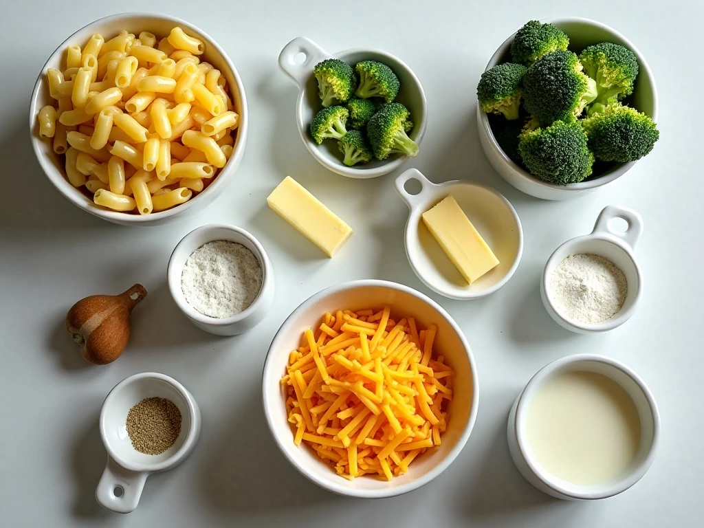 Ingredients for homemade creamy broccoli mac and cheese