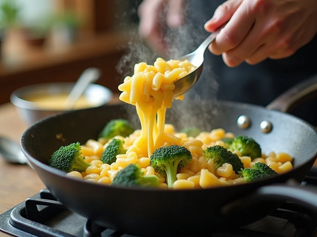Cooking pasta and broccoli for creamy mac and cheese