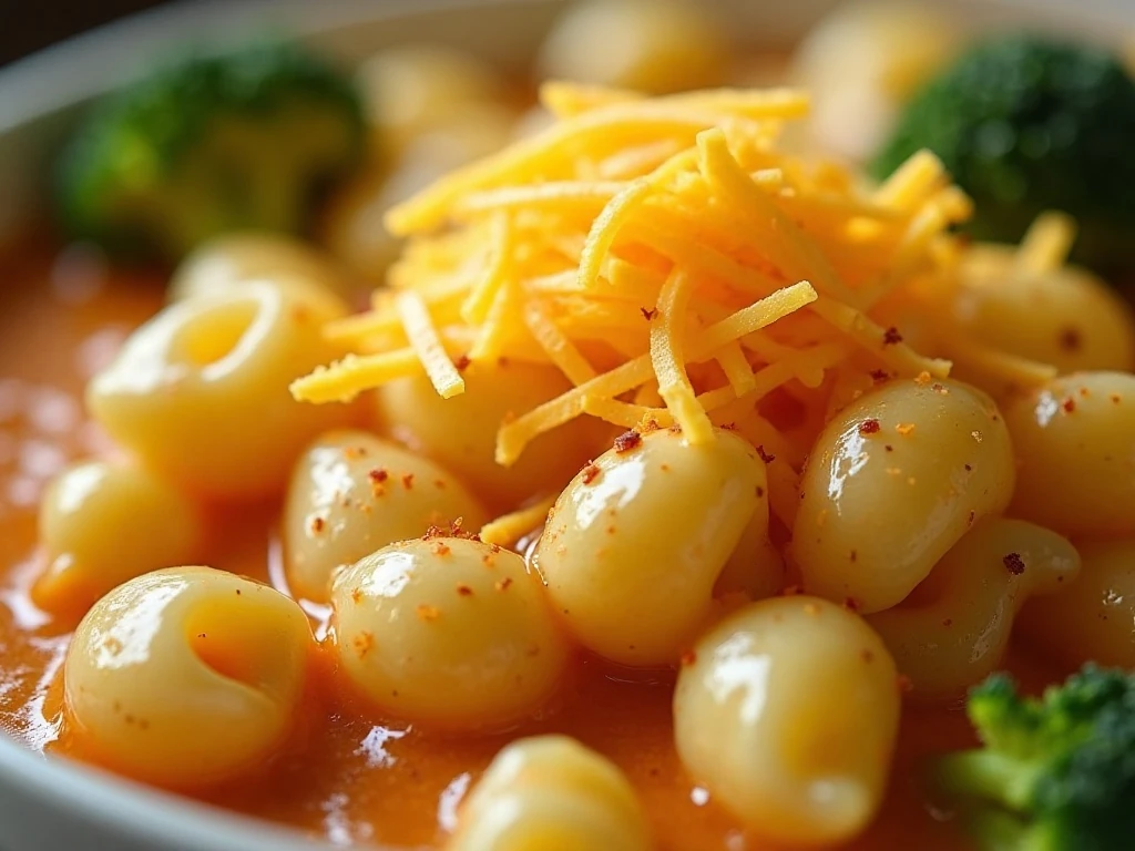 Glossy cheddar sauce coating pasta and broccoli